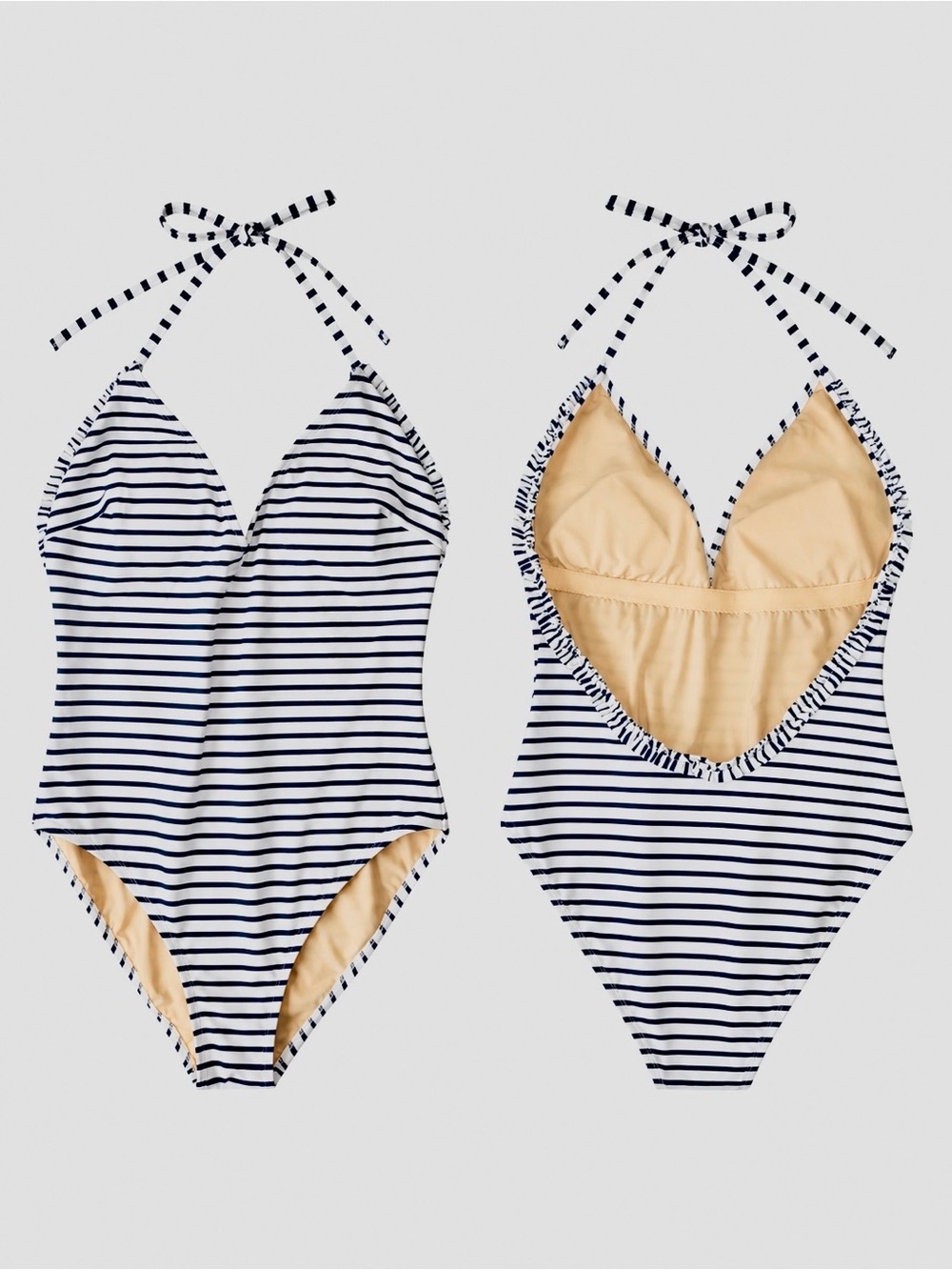 J. CREW Ruffle Scoop Back Navy & White Striped Halter One-Piece Swimsuit